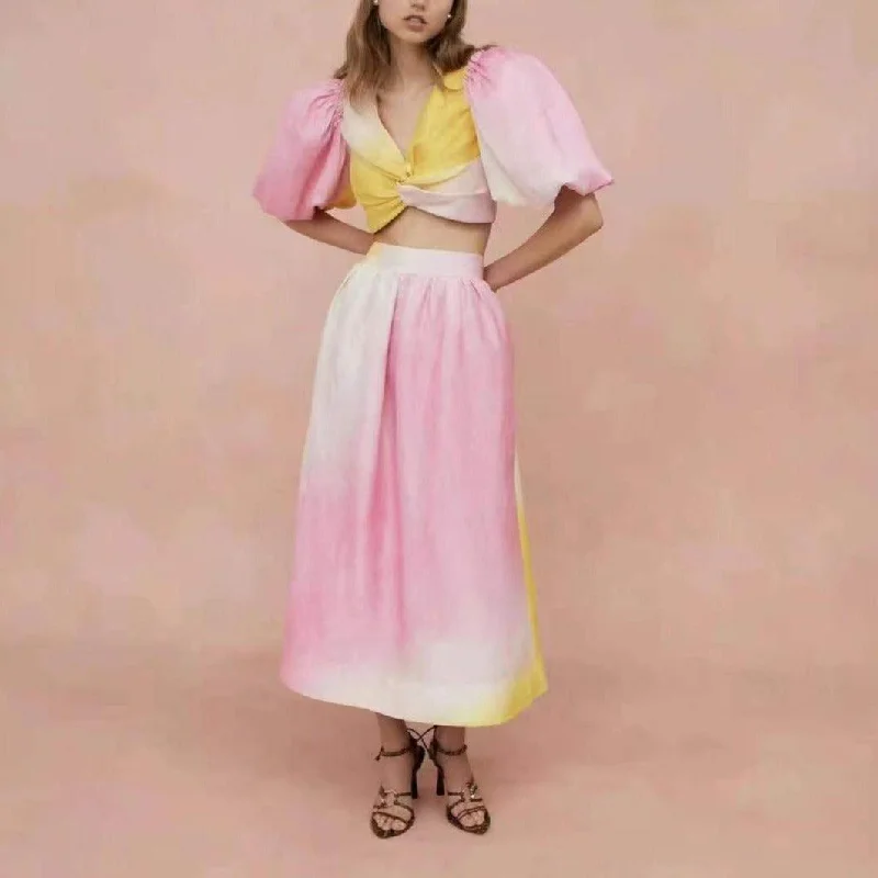 KittenAlarm - Carley Ombre Puff Sleeve Crop Top & Maxi Skirt Set Fleece Fabric Down Fabric Feather Fabric KittenAlarm - Carley Ombre Puff Sleeve Crop Top & Maxi Skirt Set Fleece Fabric Down Fabric Feather Fabric