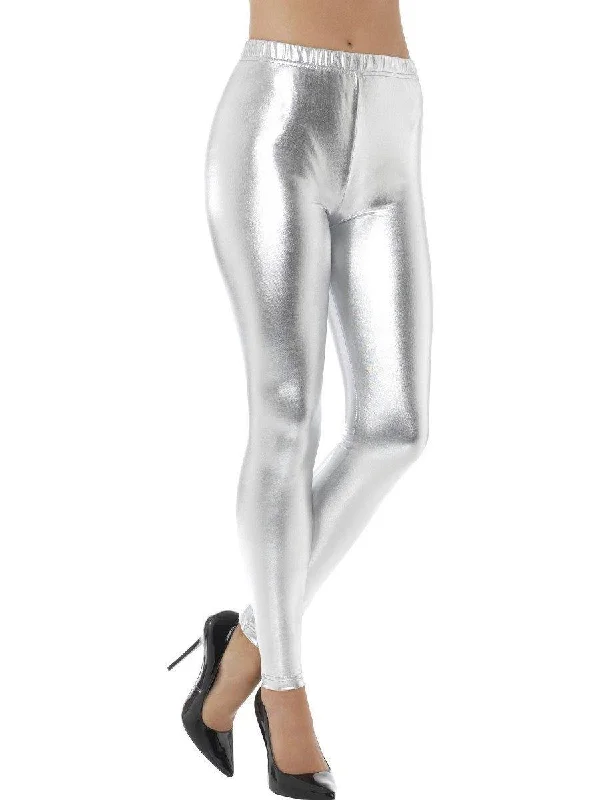 Metallic Leggings - Silver Comfortable Bootcut Workout Leggings