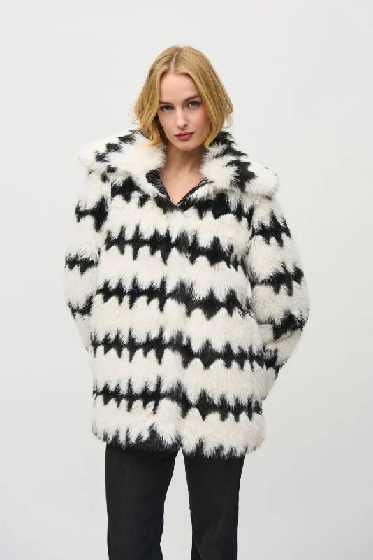 Joseph Ribkoff Vanila/Black Geometric Print Faux Fur Reversible Coat 244900 Fleece Down Feather