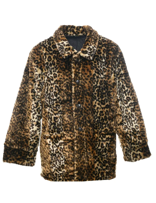 Leopard Pattern Faux Fur Coat - L Cardigan Sweater Pullover