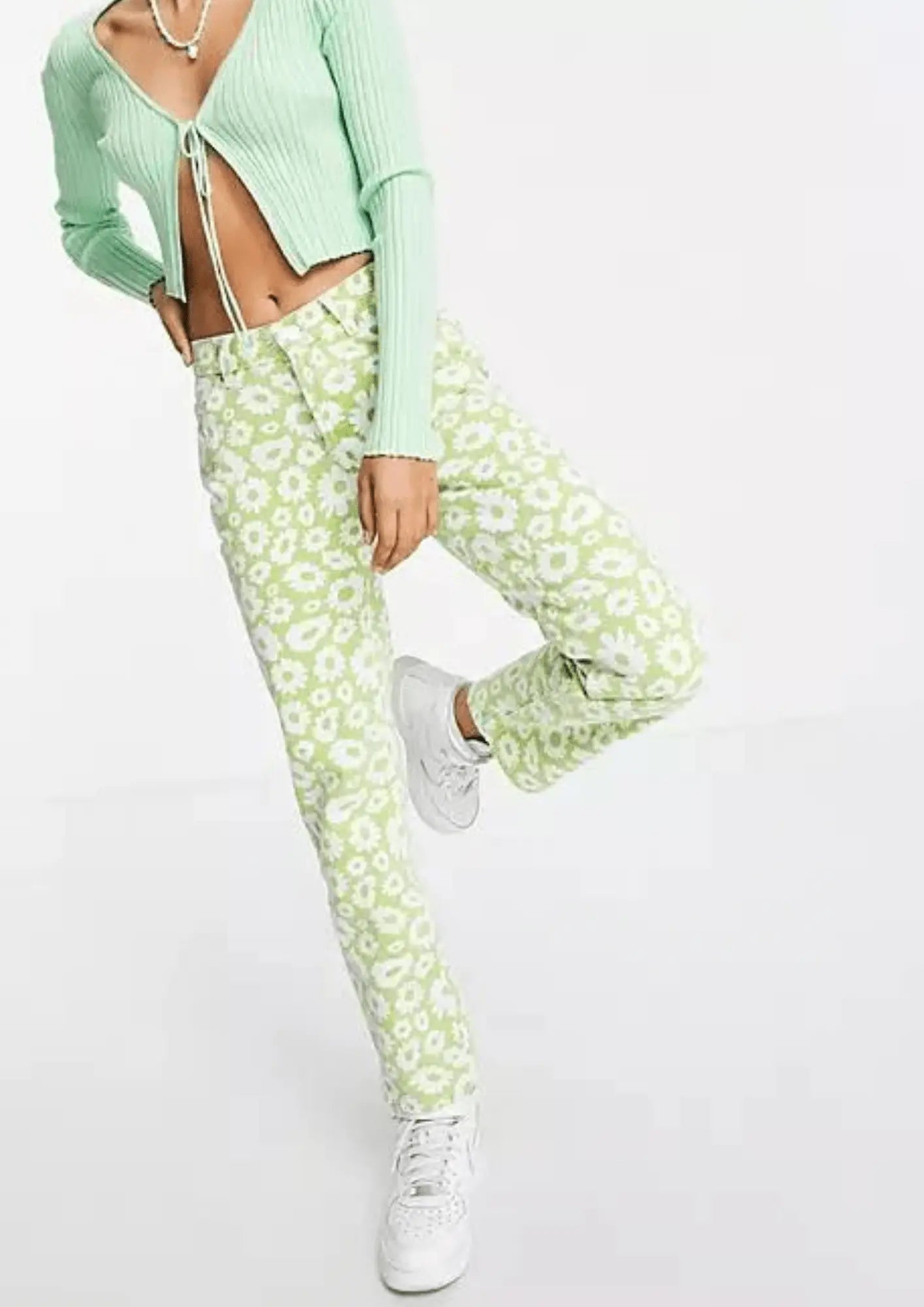GREEN FLORAL DENIM TROUSERS Trousers Gym Athletic