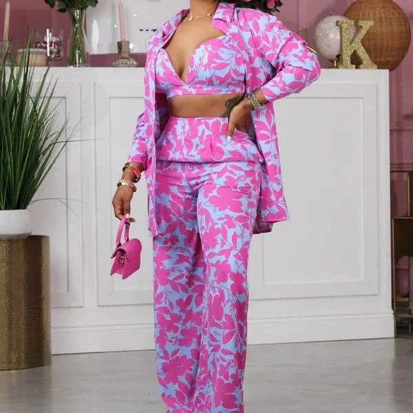 Women's Printed Trousers Three-piece Set Suit High Waist Slim Fit Ankle Length