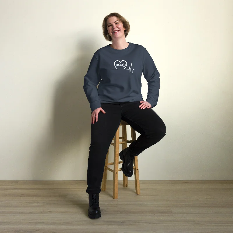 Unisex "NAUTI Anchor Heartbeat" Organic Sweatshirt in Black, French Navy and Grey Melange with White Logo Hoodie with Pattern Geometric Abstract Unisex "NAUTI Anchor Heartbeat" Organic Sweatshirt in Black, French Navy and Grey Melange with White Logo Hoodie with Pattern Geometric Abstract