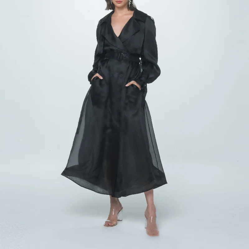 Black  Silk Organza Trench Coat Turtleneck Wrap Cape