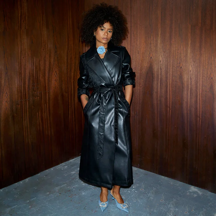 Black Embroidered Vegan Leather Trench Coat Denim Leather Suede
