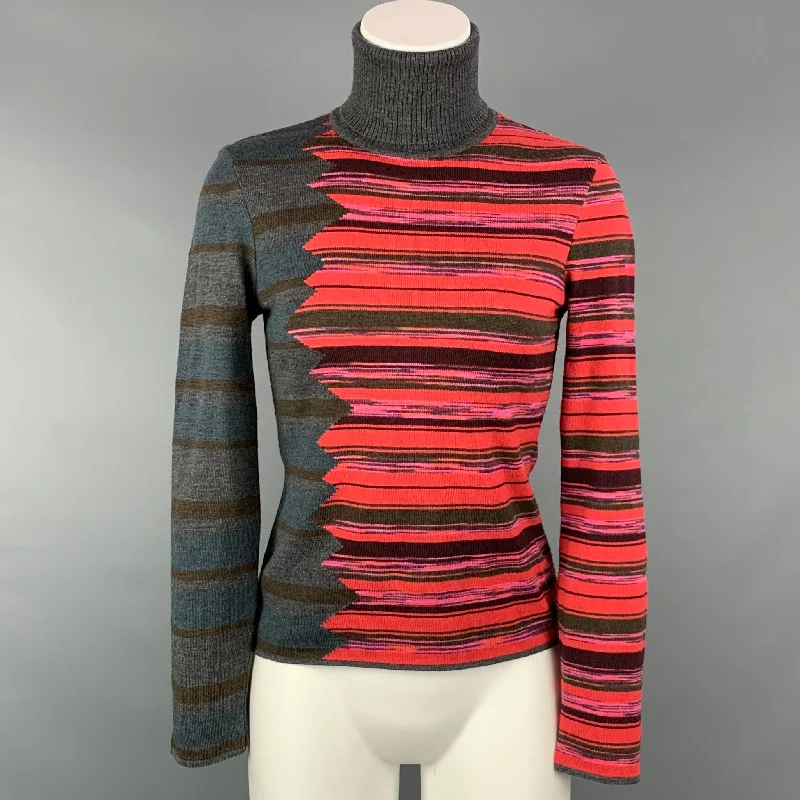M MISSONI Size 6 Grey & Red Merino Color Block Wool / Acrylic Turtleneck Pullover Solo Sleeve Pullover