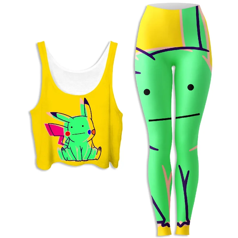 Ditto Pikachu Crop Top and Leggings Combo Ribbed Striped Patterned
