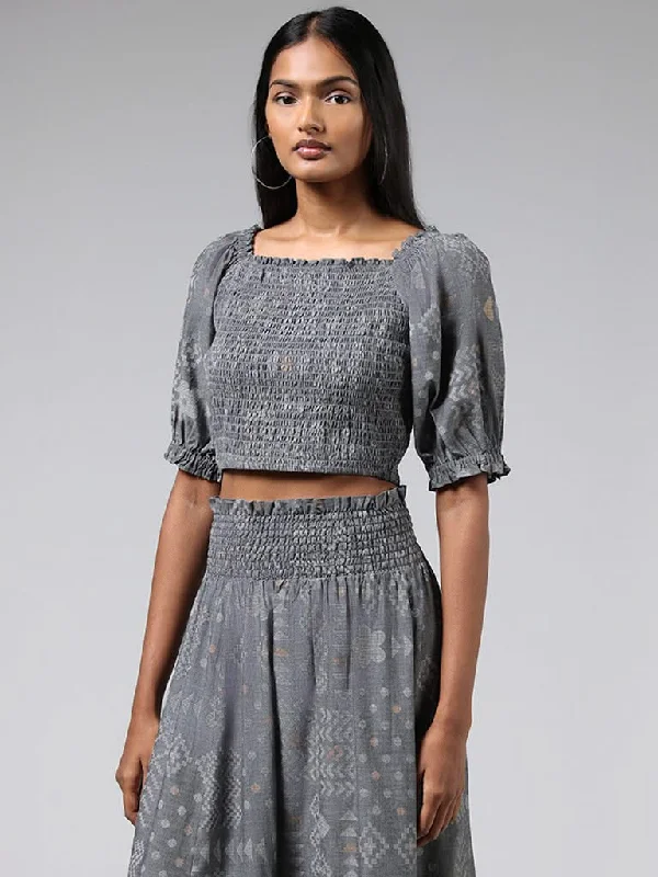 Bombay Paisley Grey Smock Cotton Crop Top Fashionable Trendy Casual
