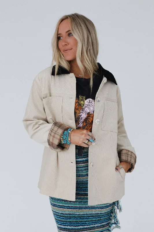 Leni Plaid Corduroy Coat - Beige Bomber Denim Leather