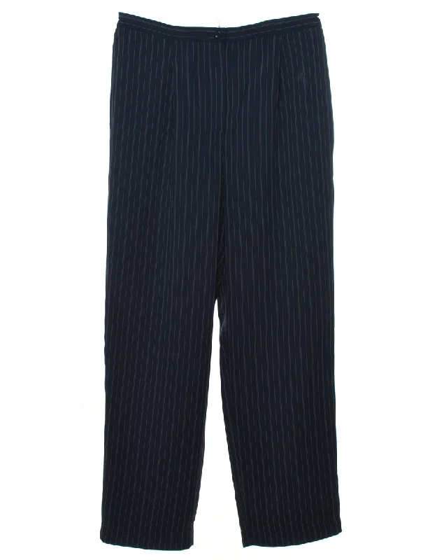 Navy Pinstriped Tapered Trousers - W32 L30 Trousers Low Rise Relaxed