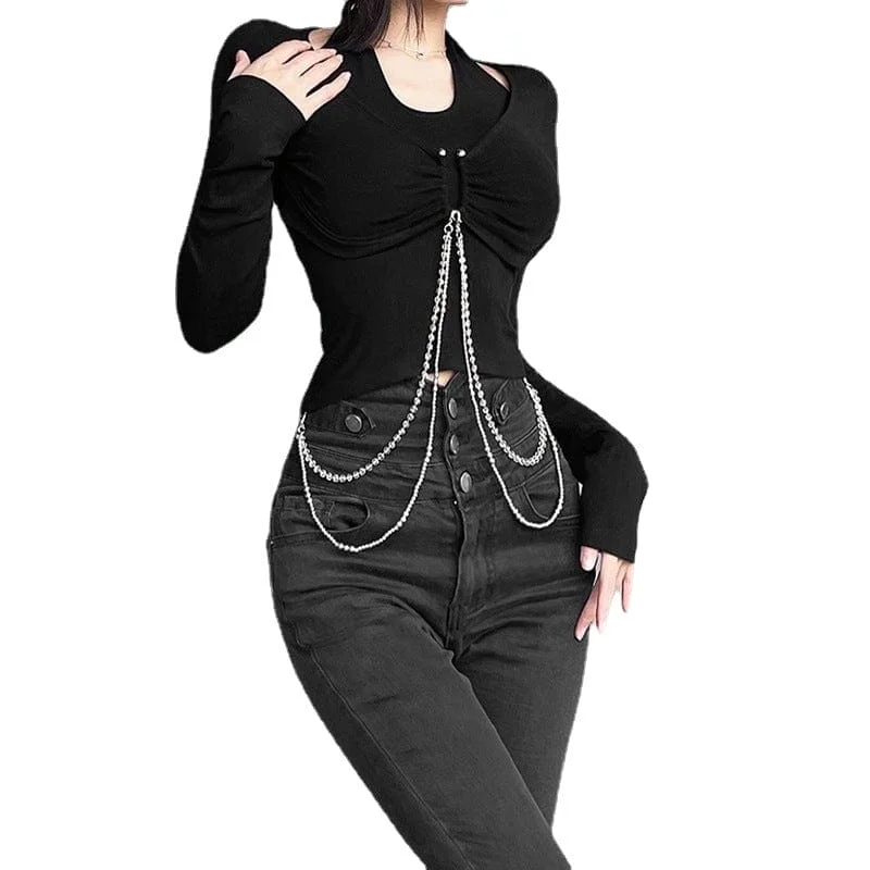Women's Punk Halterneck Cutout Chain Crop Top Collared Crop Top Boat Neck A-Line