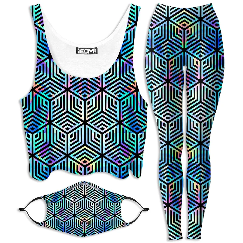 Holographic Hexagon Crop Top and Leggings with PM 2.5 Face Mask Combo Mesh Blend Leather Blend Suede Blend