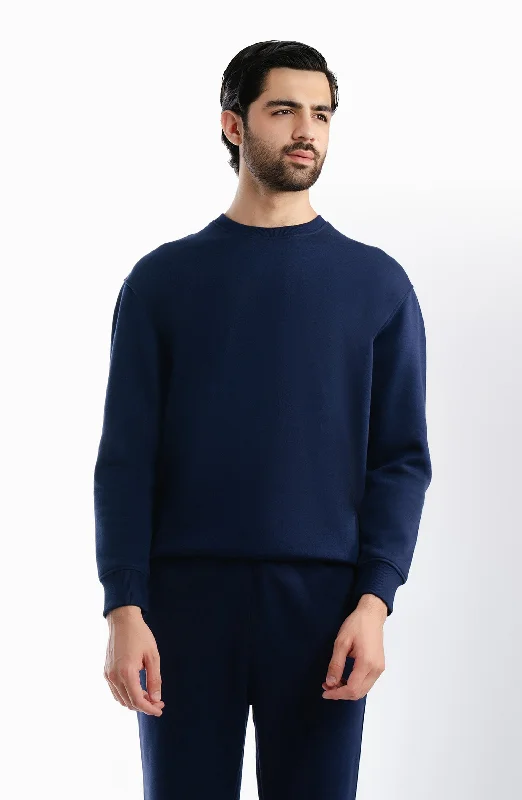 Solid Sweatshirt - Navy Blue Hoodie with Hem Raw Edge Edgy Unfinished