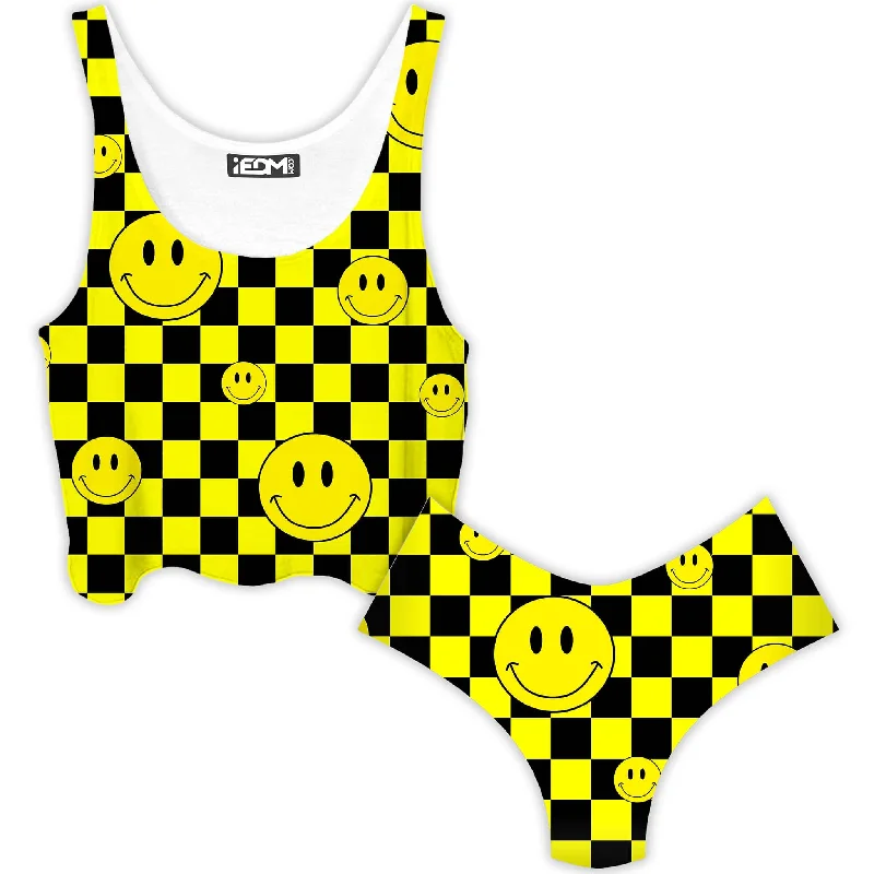 Smile Checkerboard Crop Top and Booty Shorts Combo Elegant Classic Vintage