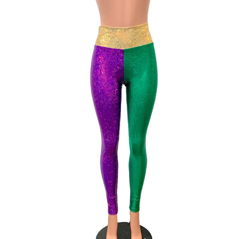 Mardi Gras Leggings - Holographic Color Block Pants Comfortable Fleece-Lined Leggings Mardi Gras Leggings - Holographic Color Block Pants Comfortable Fleece-Lined Leggings