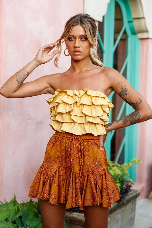 Talulah Layered Ruffle Lace-Up Back Crop Top Yellow Notch Collar Peter Pan Collar Cowl Neck Talulah Layered Ruffle Lace-Up Back Crop Top Yellow Notch Collar Peter Pan Collar Cowl Neck