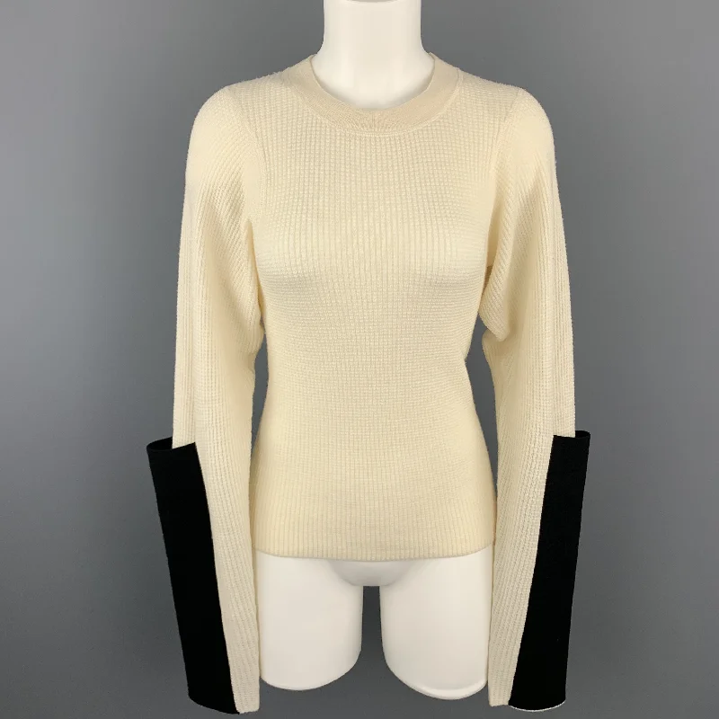 JOSEPH Size S Beige Merino Wool Waffel Knit Black Sleeve Pullover Bardot Neck Top
