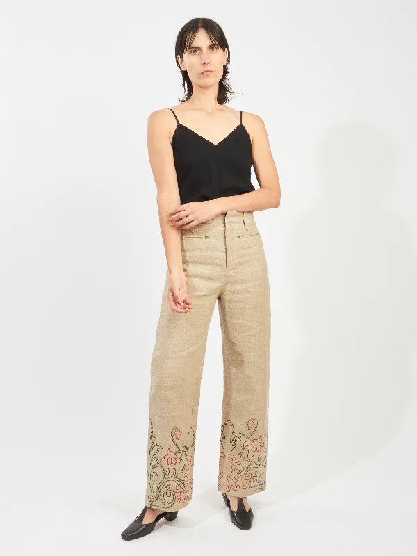 Tan Embroidered Trumpet Flower Murphy Trouser Trousers Silk Elegant