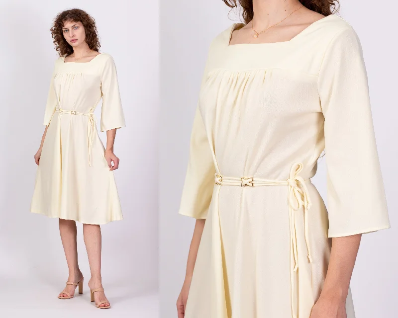 70s Light Yellow Midi Disco Dress - Large Trendy Ruffled Sleeve Midi Dress