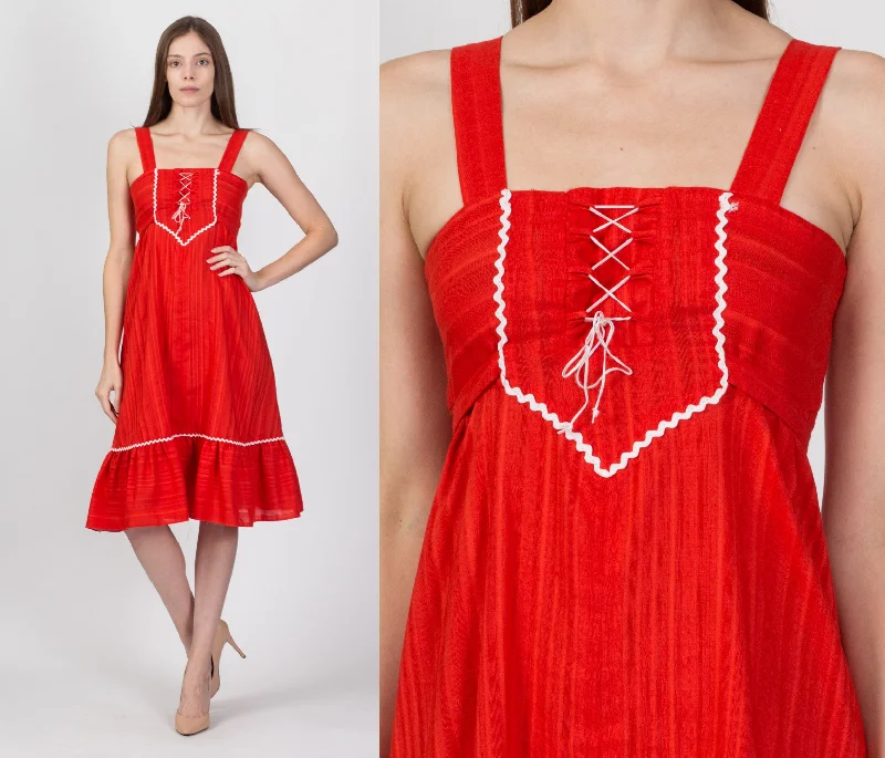 70s Red Corset Tie Midi Sundress - XXS Chic Bohemian Midi Dress