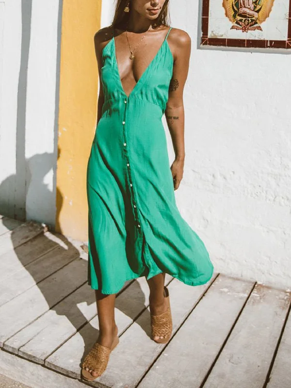 Buttoned Plunge Midi Cami Dress Stylish Button-Down Midi Dress