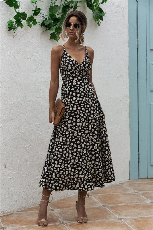Daisy Print Surplice Midi Cami Dress Comfortable Wrap Midi Dress