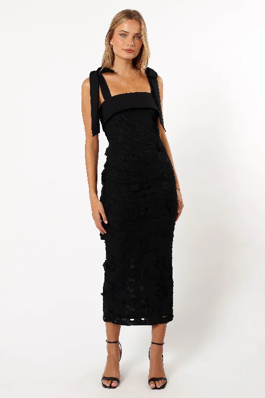 Emersyn Midi Lace Dress - Black Comfortable Button Front Midi Dress