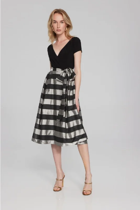 Joseph Ribkoff Black/Silver Striped Organza Midi Fit & Flare Dress 241748 Chic Off-Shoulder Midi Dress Joseph Ribkoff Black/Silver Striped Organza Midi Fit & Flare Dress 241748 Chic Off-Shoulder Midi Dress