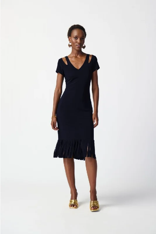 Joseph Ribkoff Cutout Detail Fringe Hem Midi Sheath Dress 241053 Classic Black Midi Dress Joseph Ribkoff Cutout Detail Fringe Hem Midi Sheath Dress 241053 Classic Black Midi Dress