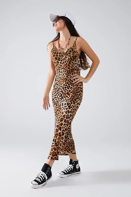Leopard Print Midi Slip Dress Elegant Faux Wrap Midi Dress