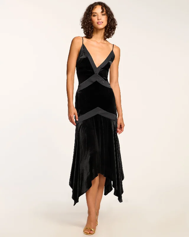 Louisa Velvet Midi Slip Dress Elegant Pleated Sleeve Midi Dress