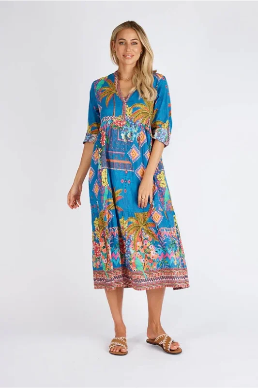 Lula Life Mika Midi Cotton Dress Ocean Trendy Off-Shoulder Button Midi Dress