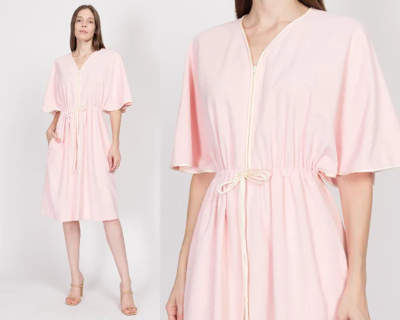 Medium 70s Pink Velour Midi Loungewear House Dress Cozy Midi Dress with Pockets