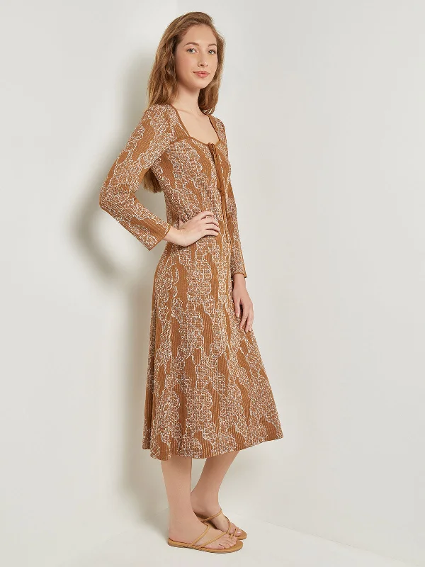 Midi A-Line Dress - Ribbed Lurex Jacquard Knit Comfortable Casual Midi Dress