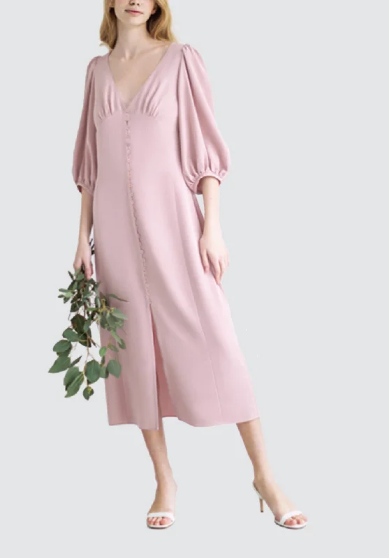 Midi Eucalyptus Dress with Voluminous Sleeves Stylish Button-Down Midi Dress