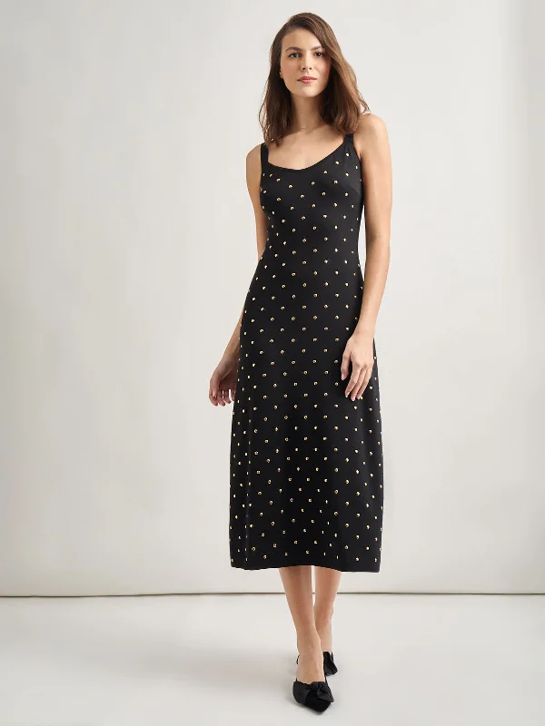 Modern Fit Gold Stud Midi Soft Knit Tank Dress Fashionable One-Shoulder Midi Dress