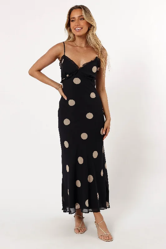 Ollie Midi Polka Dot Dress - Black/Cream Stylish Pleated Skirt Midi Dress