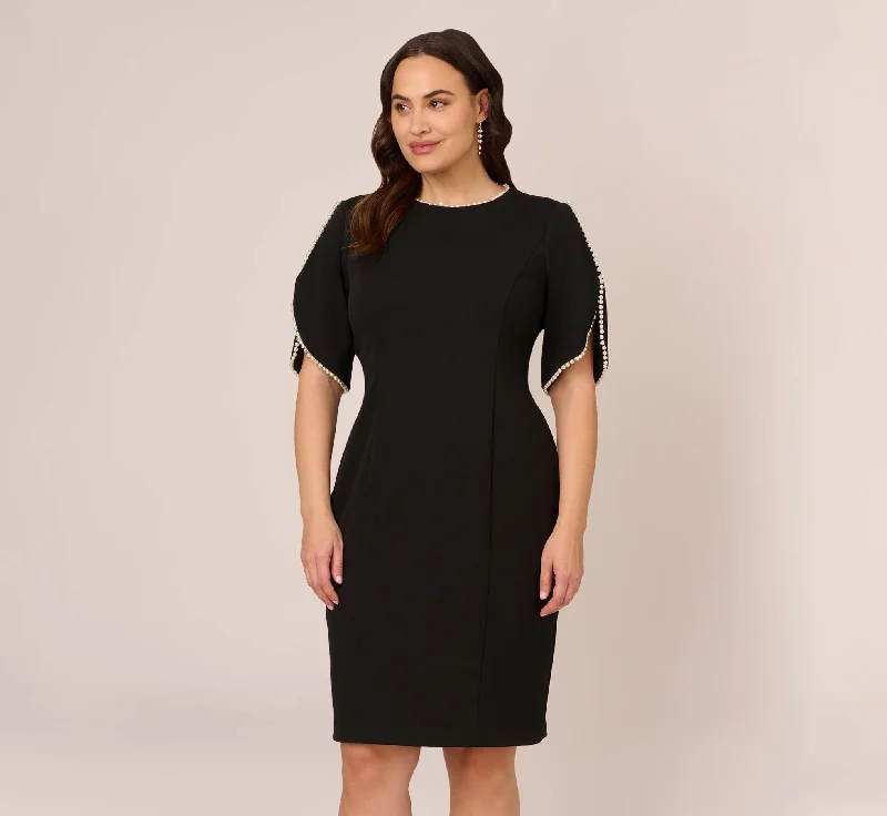 Plus Size Crepe Midi Length Sheath Dress With Pearl Trimmed Sleeves In Black Comfortable Denim Midi Dress