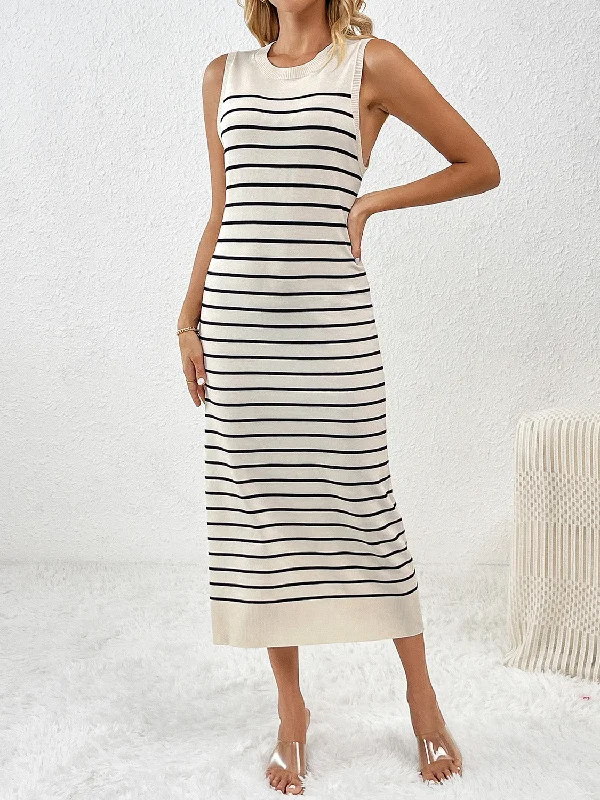 Round Neck Sleeve Midi Knit Dress Fashionable Pleated Midi Dress