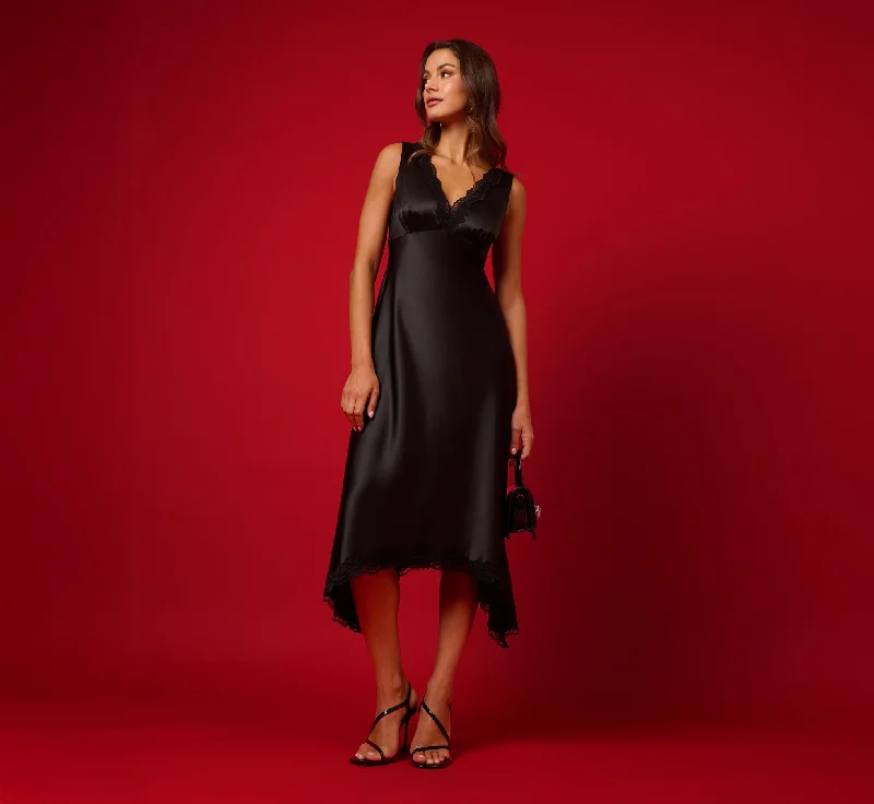 Satin Lace Midi Slip Dress In Black Stylish Button-Up Midi Dress