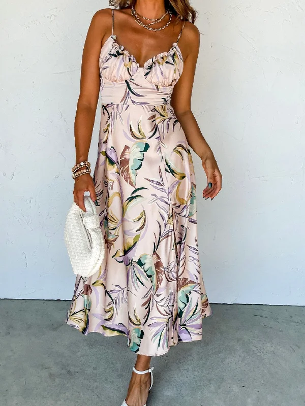 Slit Frill Printed Midi Cami Dress Trendy A-Line Midi Dress