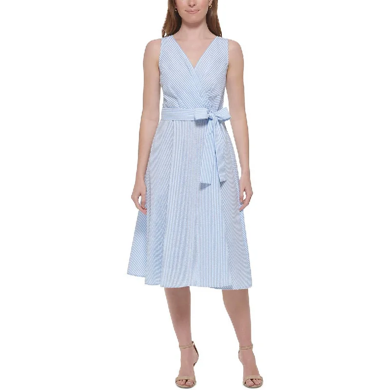 Tommy Hilfiger Womens Seersucker Midi Fit & Flare Dress Comfortable Geometric Print Midi Dress
