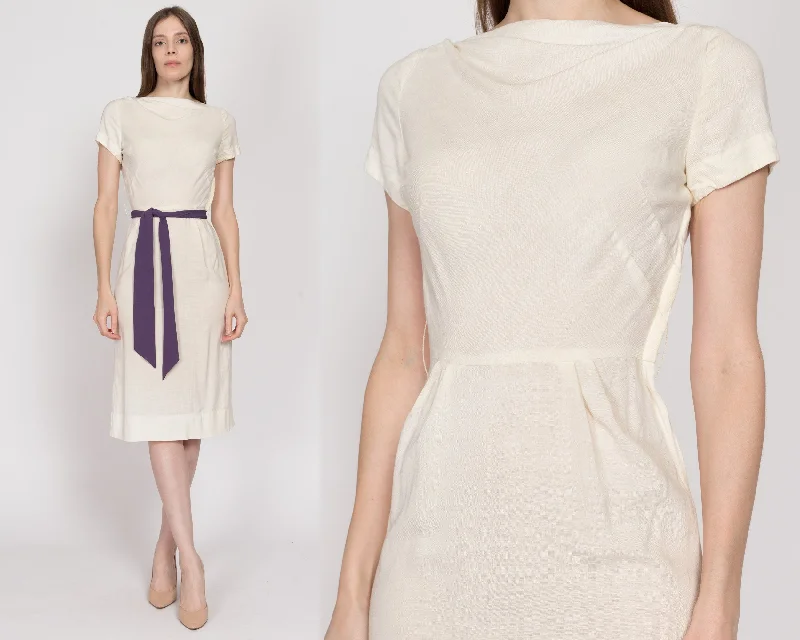 XS 1950s Ivory Midi Sheath Dress Stylish Wraparound Midi Dress