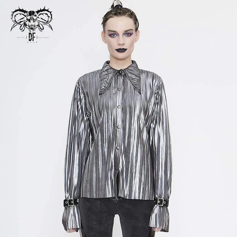Women's Gothic Silver Shimmer Long Ruffle Sleeved Shirts-- Mesh Blend Leather Blend Suede Blend Women's Gothic Silver Shimmer Long Ruffle Sleeved Shirts-- Mesh Blend Leather Blend Suede Blend