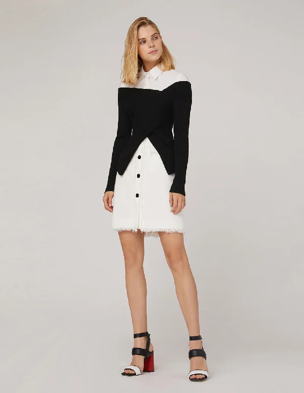 MARYLING ASYMMETRICAL KNIT PANEL SPLICED COTTON-BLEND SHIRT-- Zippered Front Buttoned Front Snap Front MARYLING ASYMMETRICAL KNIT PANEL SPLICED COTTON-BLEND SHIRT-- Zippered Front Buttoned Front Snap Front