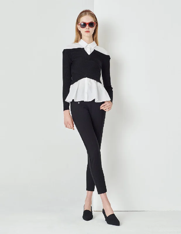 MARYLING Classic Black And White Contrast Colour Knitted Slim Shirt-- Cashmere Blend Cotton Blend Poly Blend MARYLING Classic Black And White Contrast Colour Knitted Slim Shirt-- Cashmere Blend Cotton Blend Poly Blend