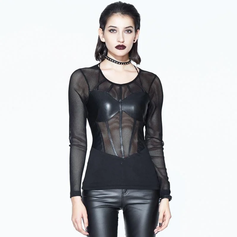 Women's Net and Faux Leather Punk Goth T-shirt-- Chenille Blend Fleece Blend Nylon Blend Women's Net and Faux Leather Punk Goth T-shirt-- Chenille Blend Fleece Blend Nylon Blend