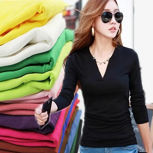 Women basic V Neck Long Sleeve fitted plain top solid stretch shirt S-M-- Lace Blend Ribbed Blend Corduroy Blend Women basic V Neck Long Sleeve fitted plain top solid stretch shirt S-M-- Lace Blend Ribbed Blend Corduroy Blend