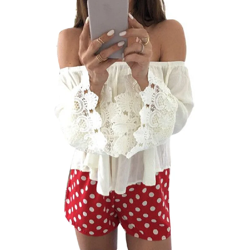 Feitong Women Casual Boho Lace Off Shoulder Shirt Crop Tank Tops Blouse Shirts White Blouse-- Ribbed Striped Patterned Feitong Women Casual Boho Lace Off Shoulder Shirt Crop Tank Tops Blouse Shirts White Blouse-- Ribbed Striped Patterned