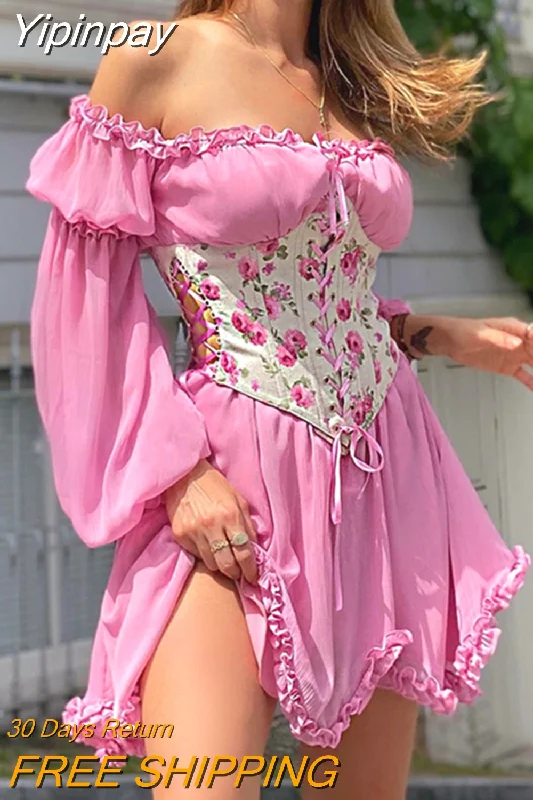 Yipinpay Vintage Off-Shoulder Long Sleeves A-Line Short Dress Women Fairy Elegant Square Neck Bandage Corset Mini Dress for Party Elegant Lace-Up Mini Dress Yipinpay Vintage Off-Shoulder Long Sleeves A-Line Short Dress Women Fairy Elegant Square Neck Bandage Corset Mini Dress for Party Elegant Lace-Up Mini Dress